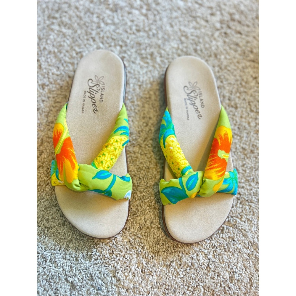 Island Slipper Fabric Puff Slide Flat Paradise Vacation Resort Flip Flop SZ 7‎